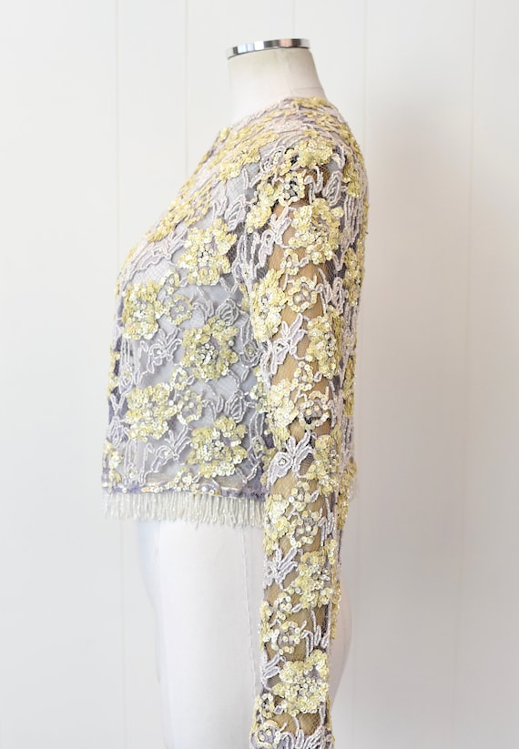 1960s Lavender Floral Lace Yellow Sequin Beaded F… - image 6