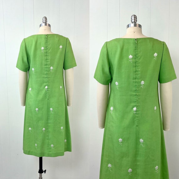 1960s Lime Spring Green Floral Embroidery Lattice… - image 5