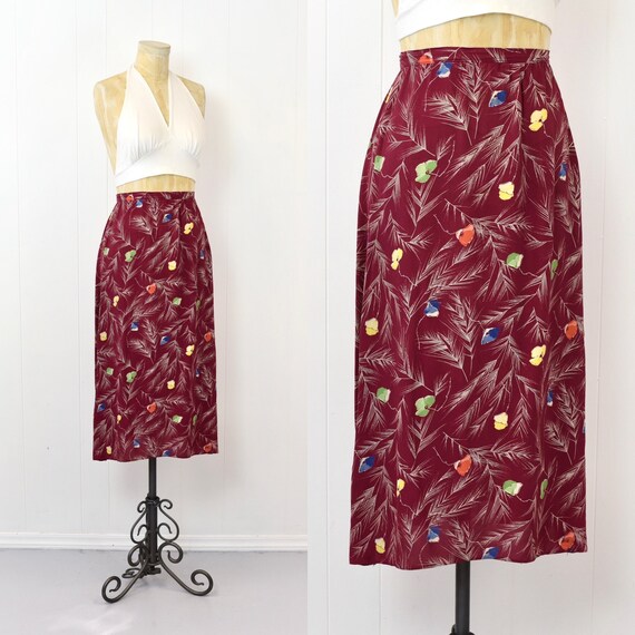 1940s Floral Print Raspberry Red Pink Rayon Skirt… - image 4