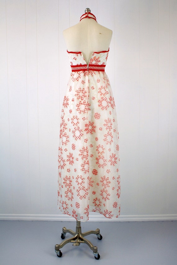 1960s Red Daisy Gingham Halter Maxi Dress Gem