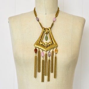 1970s Quartz Gold Toned Metal Chain Fringe Statement Runway Necklace Jewelry