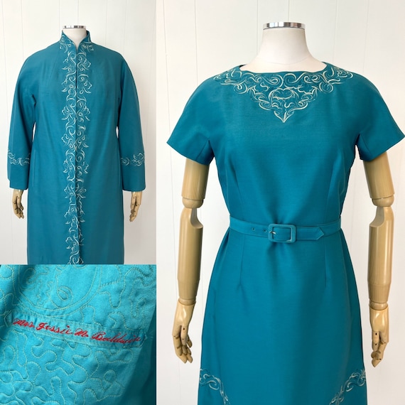 1970s Blue Polka Dot Dress Jacket Belt Set | M/L