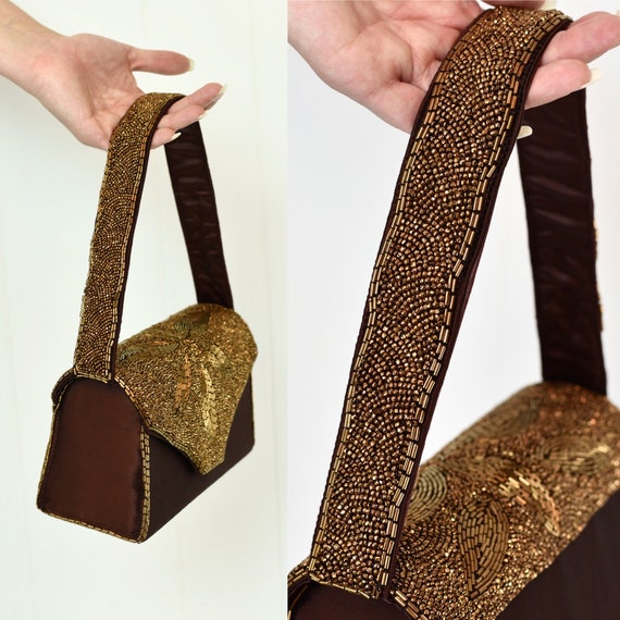 1940s Bronze Brown Beaded Handbag & Belt Set - image 4