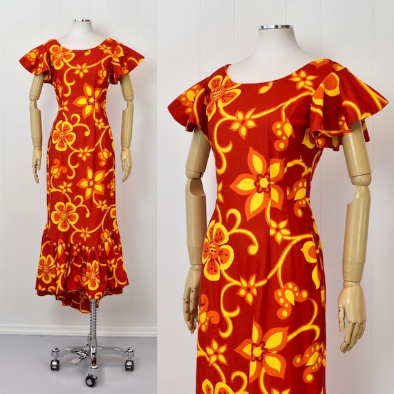 1960s Red & Yellow Hawaiian Floral Tiki Viva Las … - image 1