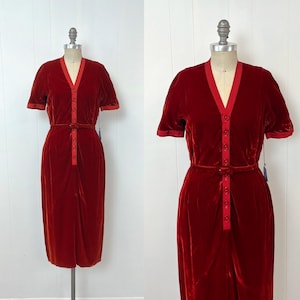 NOS 1940s/1950s Red Velvet Wiggle Pencil Holiday Party Button Up Dress