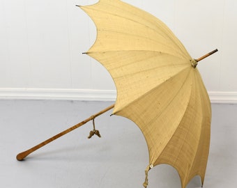Antique 1900s Edwardian Tan Linen Parasol Umbrella