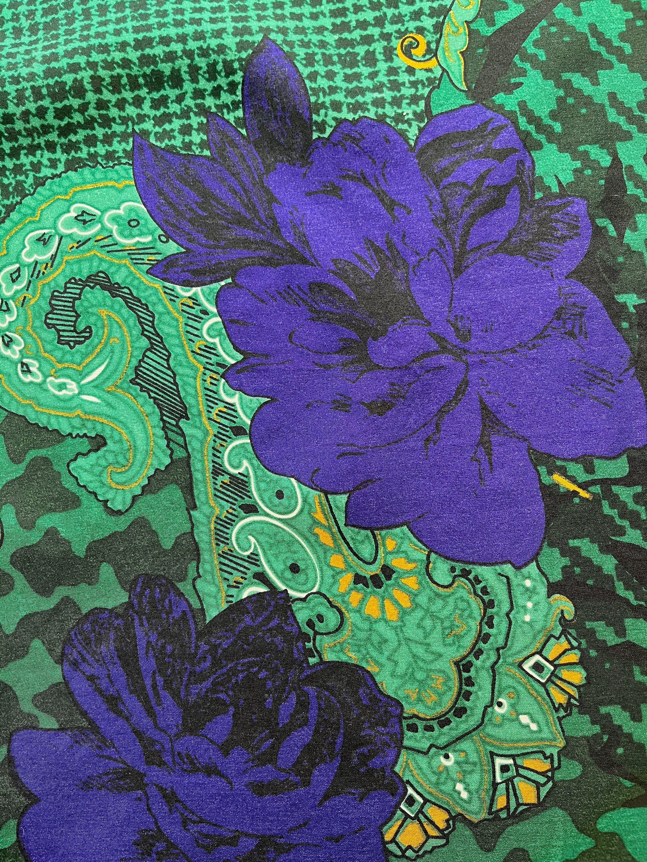 Vintage Christian Dior Green Purple Rose Floral Paisley Silk