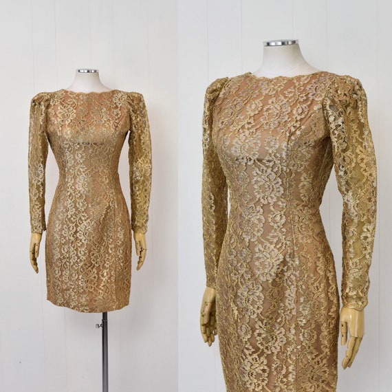 1980s Metallic Gold Beaded Floral Lace Puff Sleev… - image 1