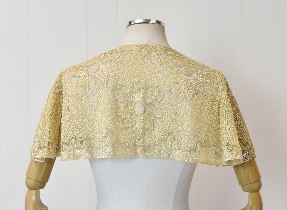 1950s/1960s Cream Yellow Floral Sequin Beaded Cap… - image 6