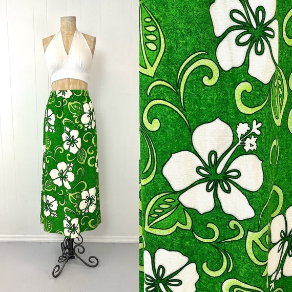 1970s Hawaiian Green Hibiscus Floral Print Tiki Maxi Skirt 1970s Hawaiian Green Hibiscus Floral Print Tiki Maxi Skirt