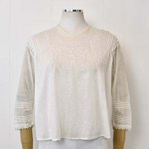 Antique Edwardian 1900s White Cotton Sheer Floral Embroidered Lace Blouse Shirt