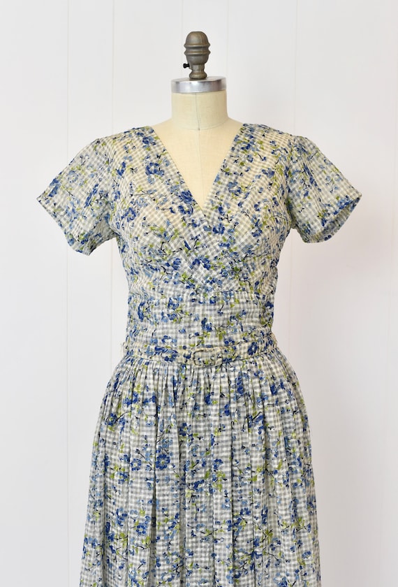 1950s Sheer Blue Floral Gingham Day Dress - image 2