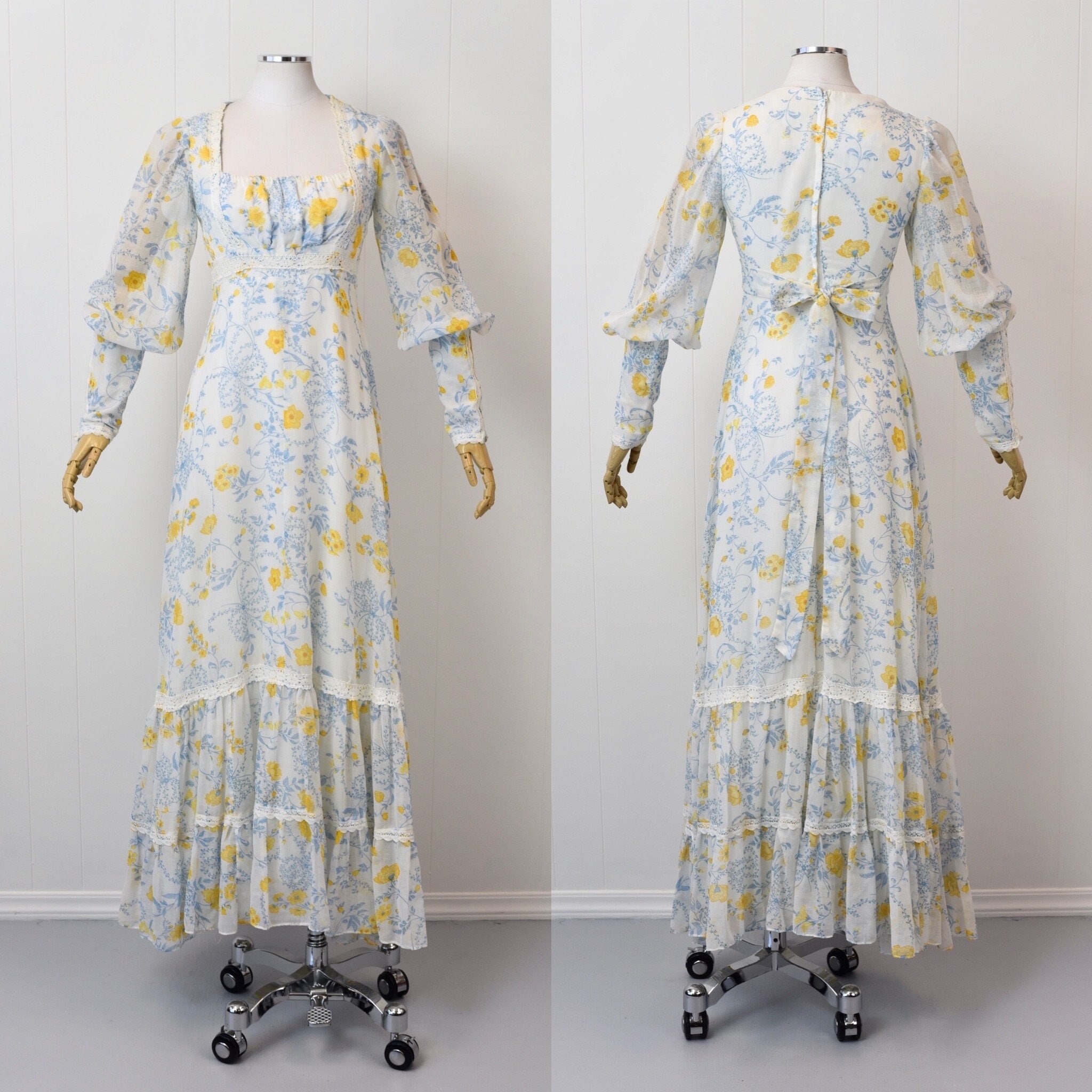 1970S Gunne Sax Jessica Mcclintock Floral Print Blue Yellow Lace Prairie Boho Maxi Dress