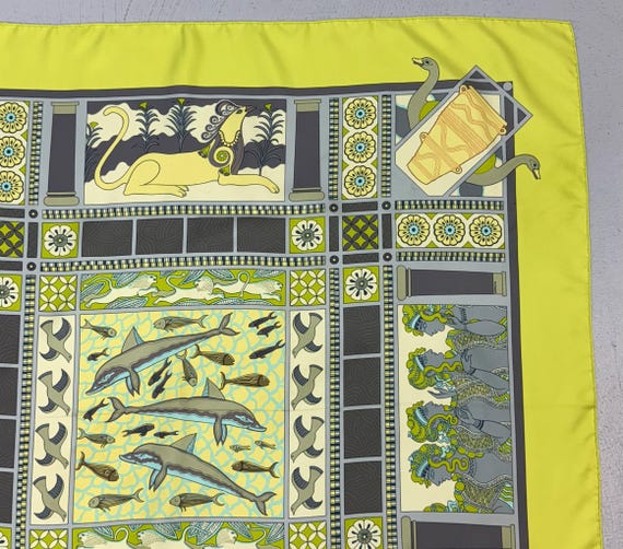 Vintage 2003 Hermes Les Secrets de Minos Greek Mythology Aquatic Sophie Koechlin Neon 90cm Scarf Carré View 5