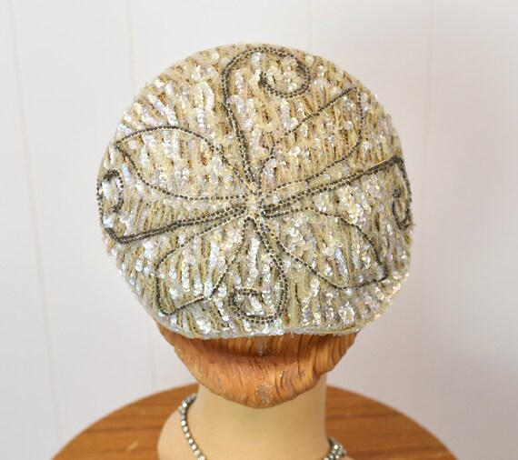 1950s Sequin Beaded Bridal Wedding Skull Cap Fasc… - image 7