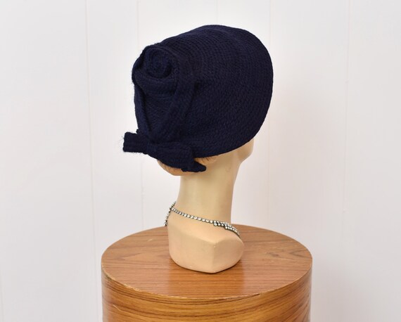 1950s/1960s Navy Blue Wool Bow Cap Hat - image 5