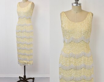 1950s/1960s Bombshell Cream Ivory AB Sequin Beaded Fringe Wiggle Pinup  Bridal Wedding Party Dress