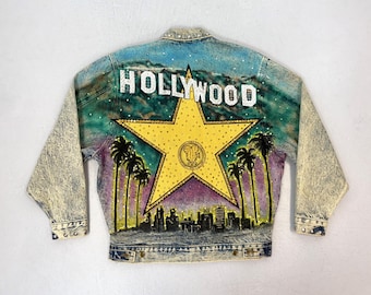 1987 Tony Alamo of Nashville Hollywood Hand Painted Swarovski Rhinestone Crystal Acid Wash Denim Jean Jacket