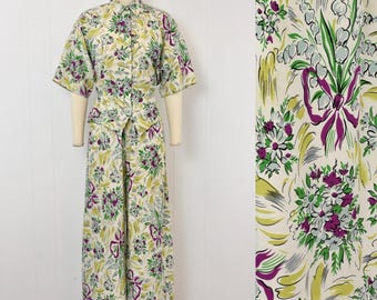 1980s Norma Kamali Floral Ribbon Bow Novelty Print Blouse Palazzo Pants Matching Two Piece Set