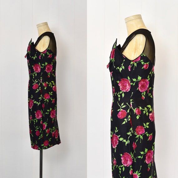 1950s/1960s Pink Magenta Rose Print Black Cocktai… - image 4