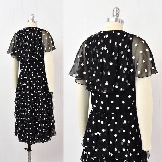 1980s Polka Dot Black White Ruffle Chiffon Pat Ri… - image 6