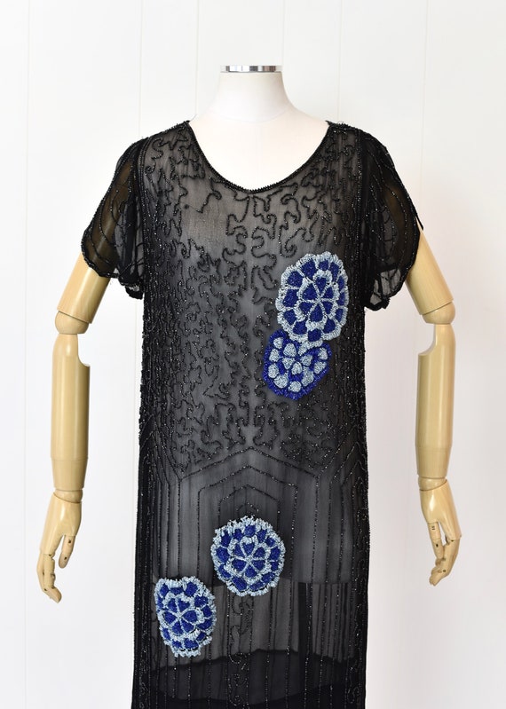 1920s Black Beaded Blue Floral Sheer Flapper Dress - image 2