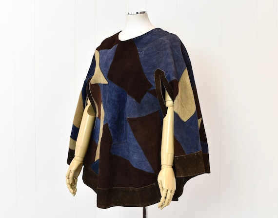 1970s Suede Patchwork Leather Brown Blue Boho Hip… - image 2