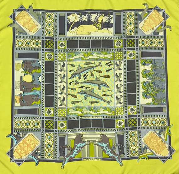 Vintage 2003 Hermes Les Secrets de Minos Greek Mythology Aquatic Sophie Koechlin Neon 90cm Scarf Carré View 2