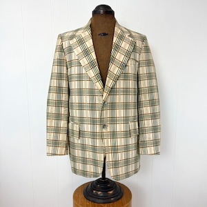 1960s/1970s Plaid Print Green Beige Orr&#39;s Pennsylvania Cotton Mens Suit Jacket Blazer