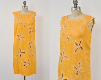 1960s Orange Lattice Floral Embroidery Linen Mod Shift Dress