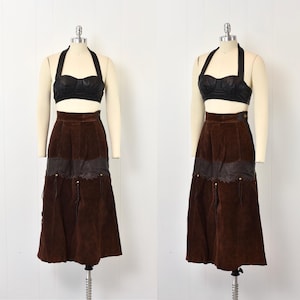 1970s Brown Suede Leather Fringe Stud Western Cowgirl Skirt