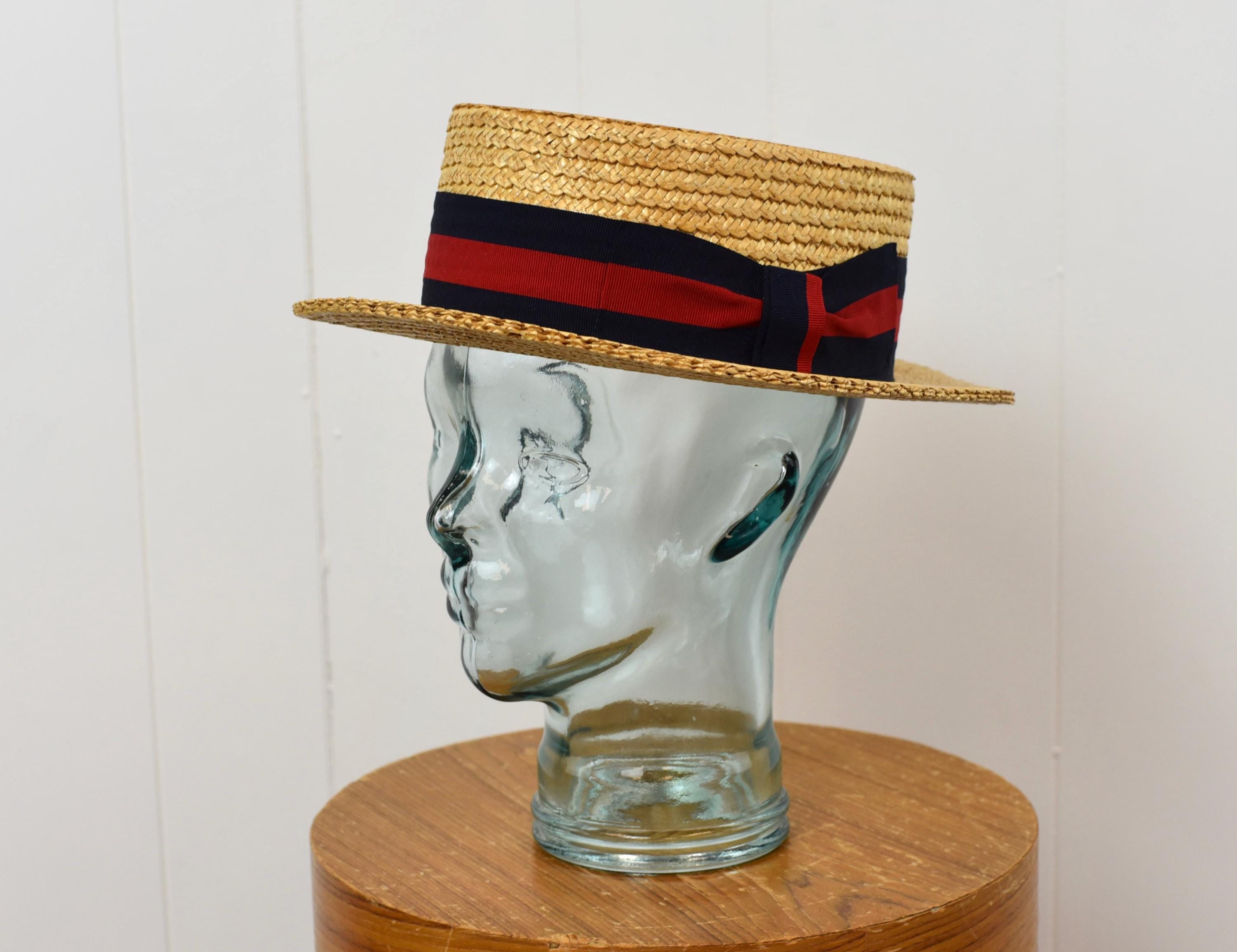 Vintage Navy Blue Straw Boater Hat Red Ribbon Band Retro Old Money Style Fedora Navy Straw Boater - Etsy main image 3