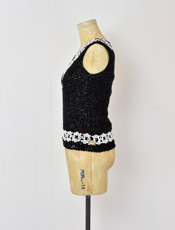 1960s Black & White Sequin Beaded Floral Top Blou… - image 4