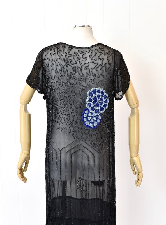 1920s Black Beaded Blue Floral Sheer Flapper Dress - image 8