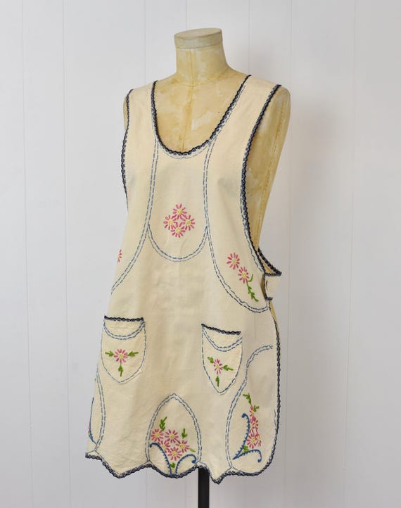 Antique Floral Embroidery Linen Apron Dress - image 10