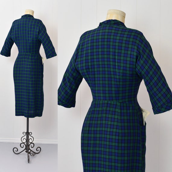 1950s Toni Todd Plaid Blue Green Rhinestone Butto… - image 6