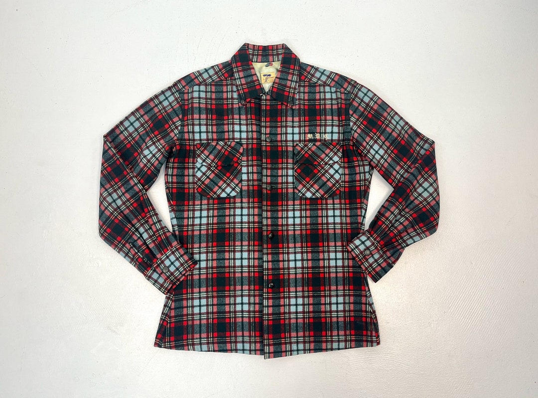 1950s/1960s Picasso Japan Red Blue Plaid Wool Button Down Flannel