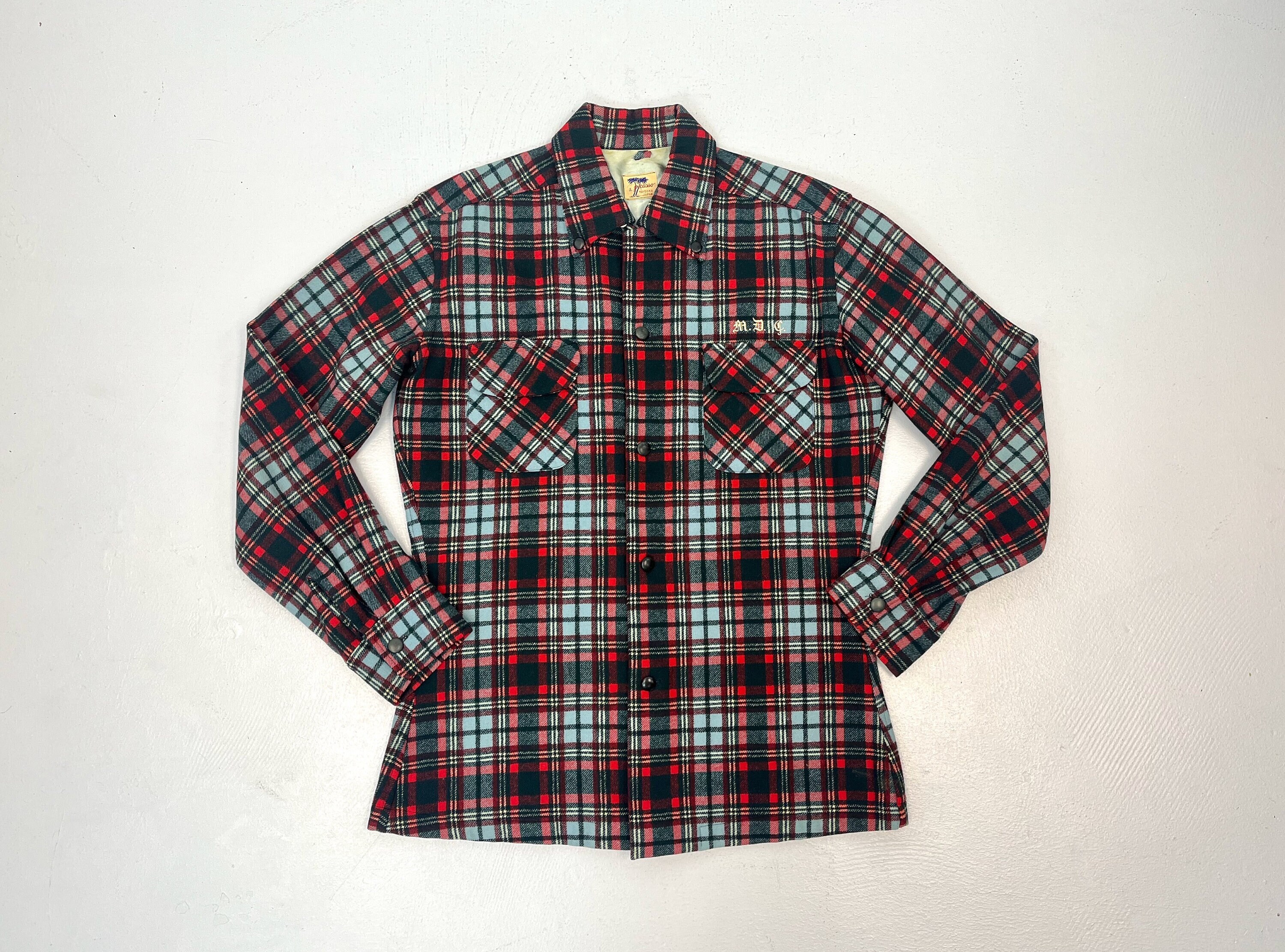 1950s/1960s Picasso Japan Red Blue Plaid Wool Button Down Flannel
