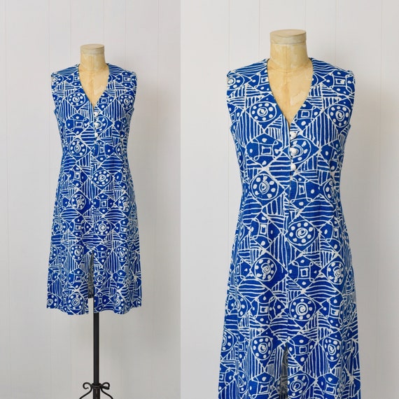 1960s Blue & White Print Linen Shift Dress - image 1