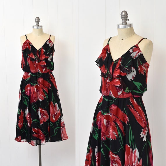 1970s Poppy Floral Chiffon Red Black Ursula of Sw… - image 1