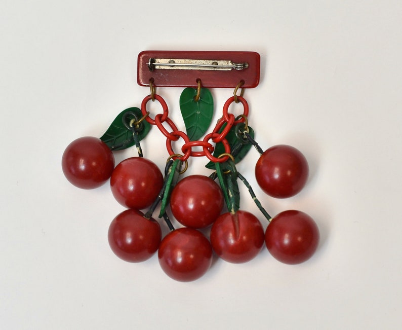 1940s Bakelite Cherries Cluster Novelty Bar Brooch Pin Jewelry Tested image 5