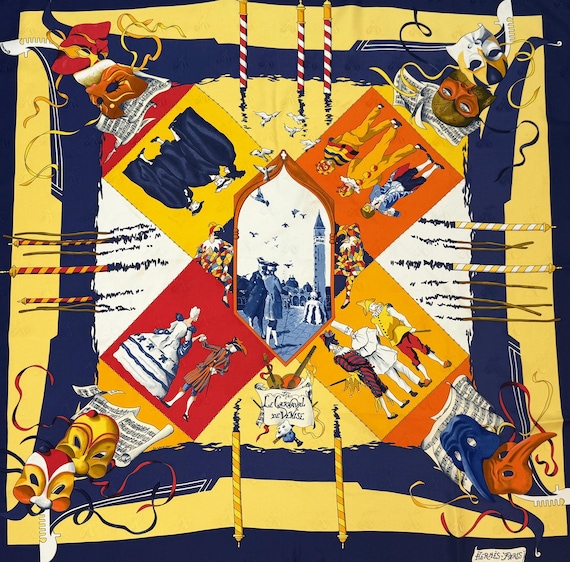 エルメス　カレ　HERMES スカーフ　CARNAVAL DE VENISE Vintage 1990s Hermes Le Carnaval de Venise Hubert De Watrigant