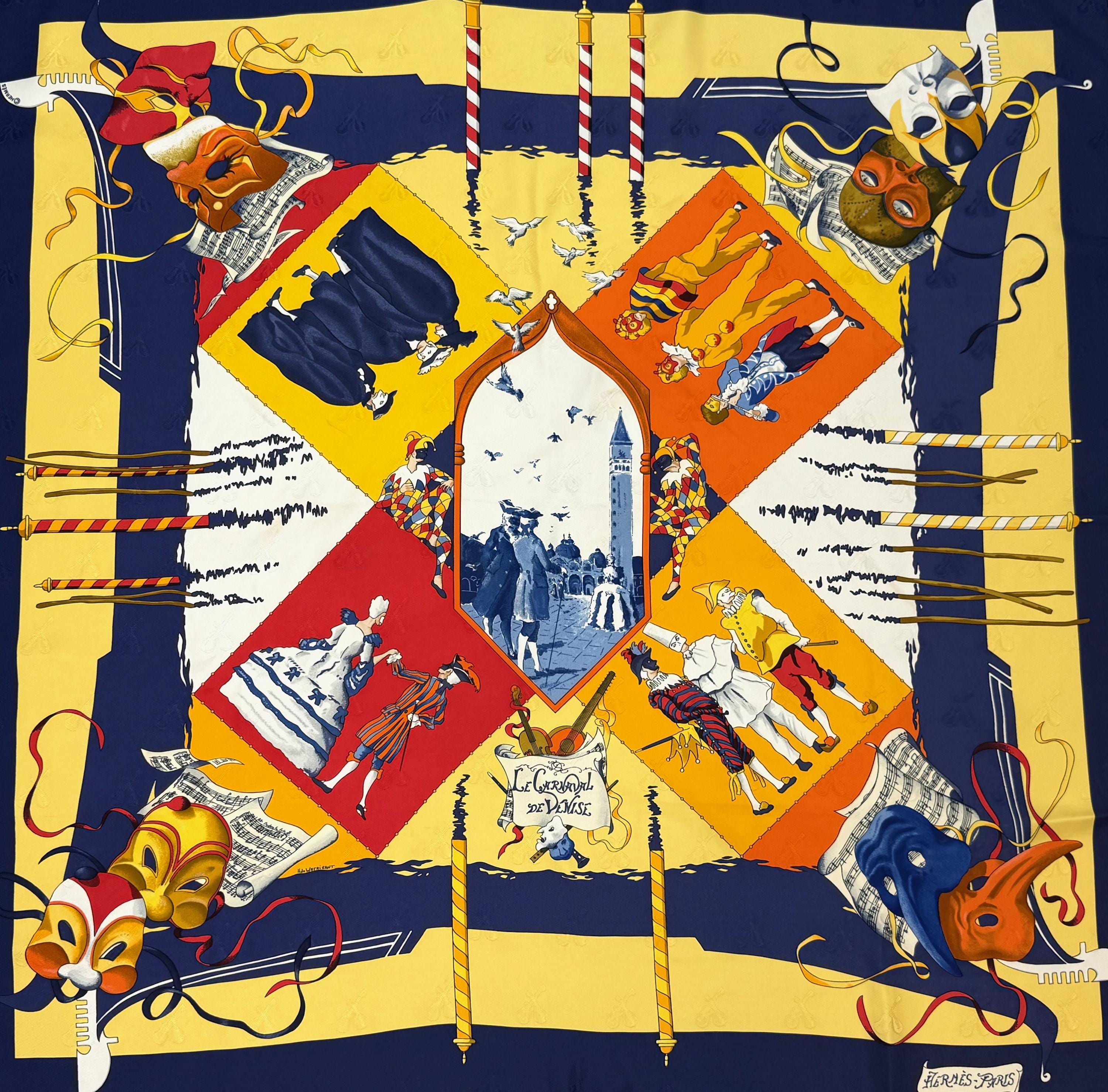 エルメス　カレ　HERMES スカーフ　CARNAVAL DE VENISE Vintage 1990s Hermes Le Carnaval de Venise Hubert De Watrigant