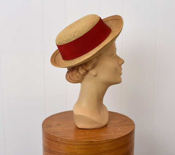 1950s Hattie Carnegie Straw Sun Hat with Red Ribbon Gem
