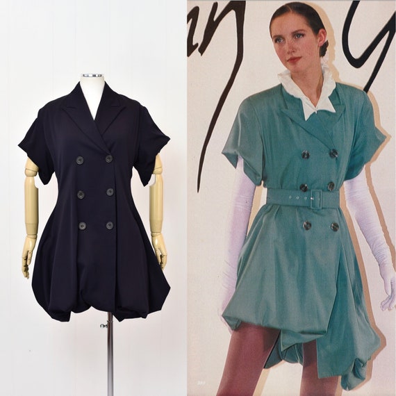 John Galliano, RARE 1988 John Galliano Navy Blue Blanche Dubois Spring Summer Collection Bustled Coat Dress