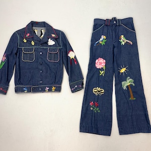 1970s Blue Jean Denim Novelty Embroidered Childrens Girls Shirt Pants Two Piece Set