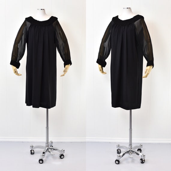 1960s Black Sheer Balloon Sleeve Mod Shift Dress - image 1