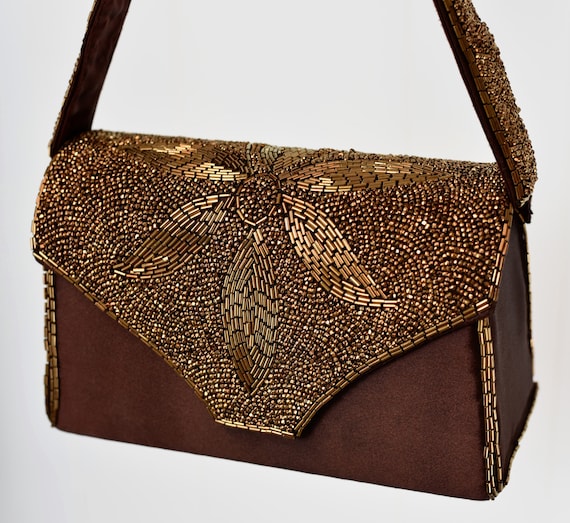 1940s Bronze Brown Beaded Handbag & Belt Set - image 2