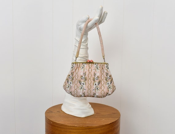1950s Pink Floral Saks Fifth Avenue Beaded Purse … - image 1