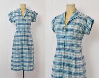 1950s Blue Teal Plaid Print Pinup Cotton Day Sun Dress Volup